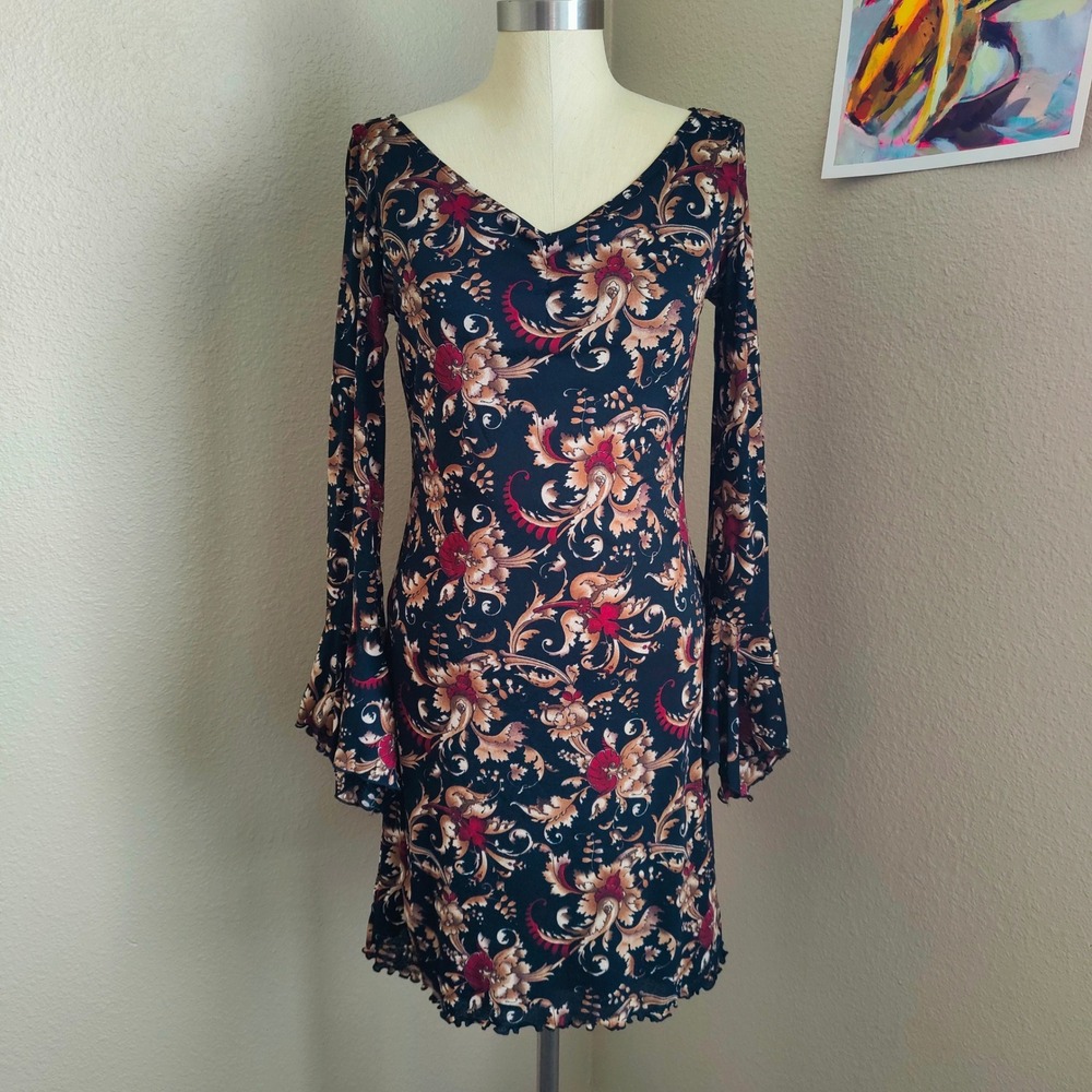 Savvy Baroque Floral Bell Sleeve Dress Grunge Whimsigoth Boho Fairycore Y2K L